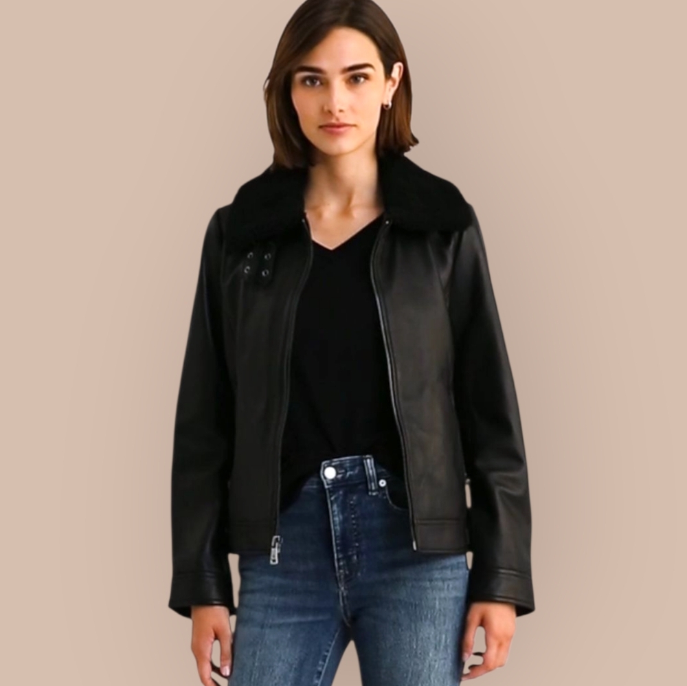 NWT LRL Ralph Lauren Black Lambskin Leather Jacket Faux Fur Collar Medium NEW